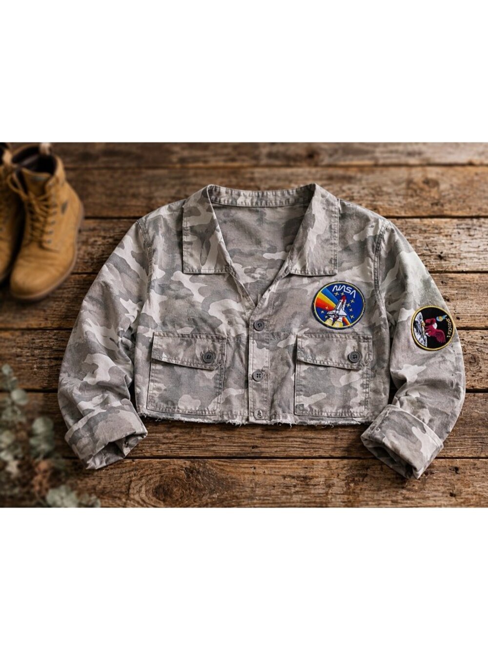 Upcycled Cammo Crop Jacket NASA Space Shuttle Apollo Patches Grunge Crop Bolero